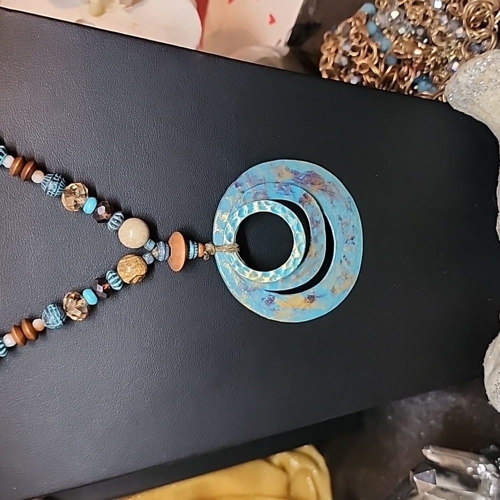 Turquoise, Gold, and Brown Beaded Pendant Necklace